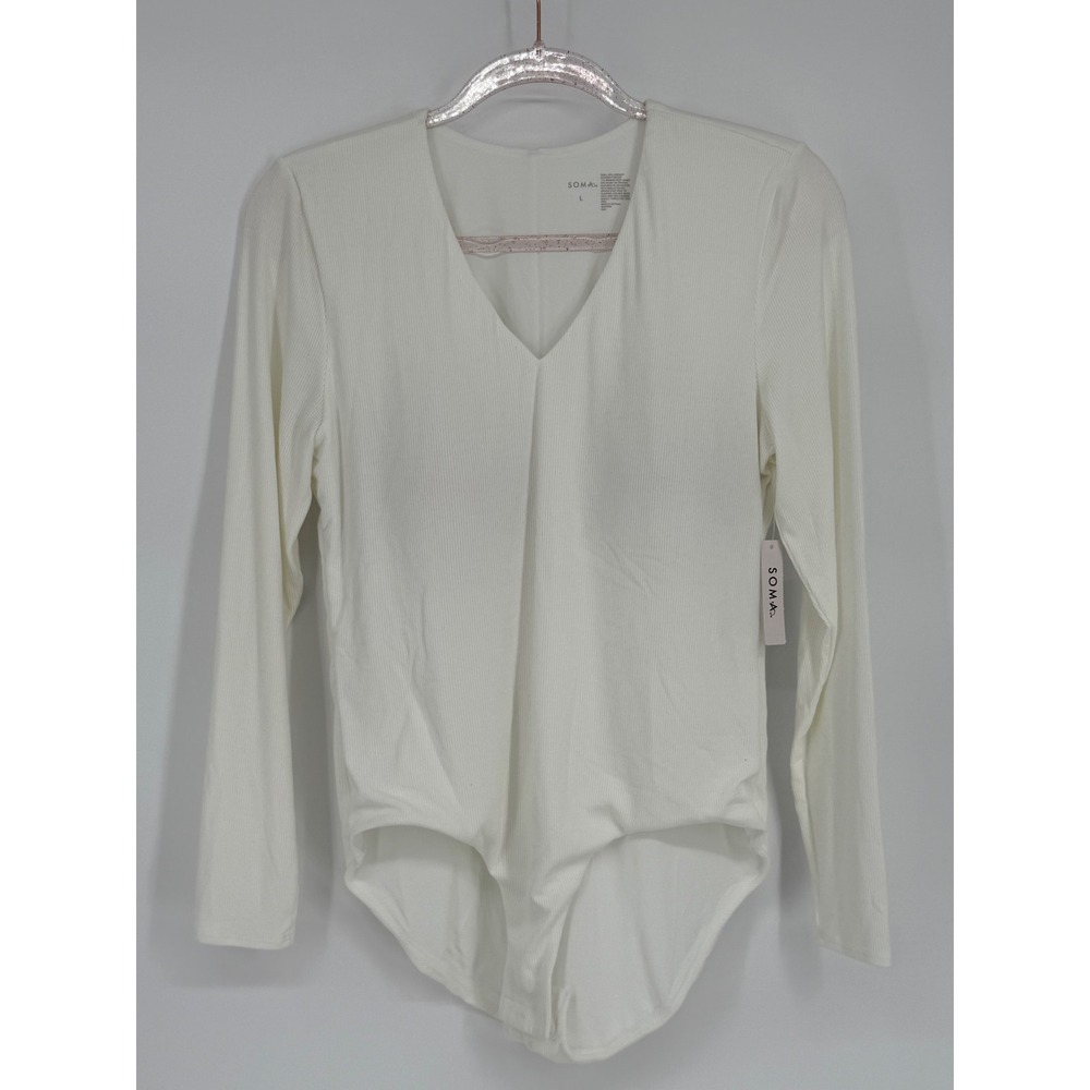 Soma White Ribbed Knit Long Sleeve V-Neck Bodysuit Women's Size L NWT Org $69